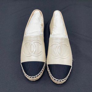 Chanel Espadrilles, Pearlized Cream Colored Calfskin With Black Fabric Toe